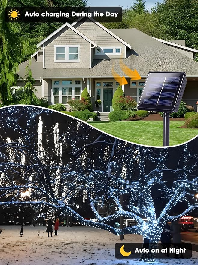 Solar String Lights Outdoor 6 Pack 600 LED Solar Christmas Light Cool White | 8 Lighting Modes, Memory Function, Auto On/Off, 198FT Waterproof Twinkle Lights for Outside Wedding Holiday Party Decorations