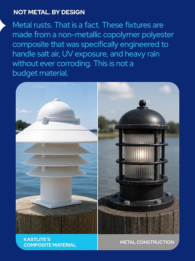 Nautical Pier Mount Outdoor Lighting - Salt-Air Tough Rust-Proof Non-Metallic Coastal Lamps - UL Listed Dock Lights - Patio Fence Deck Porch Lights Outdoor - USA Made, Short, Basic, White