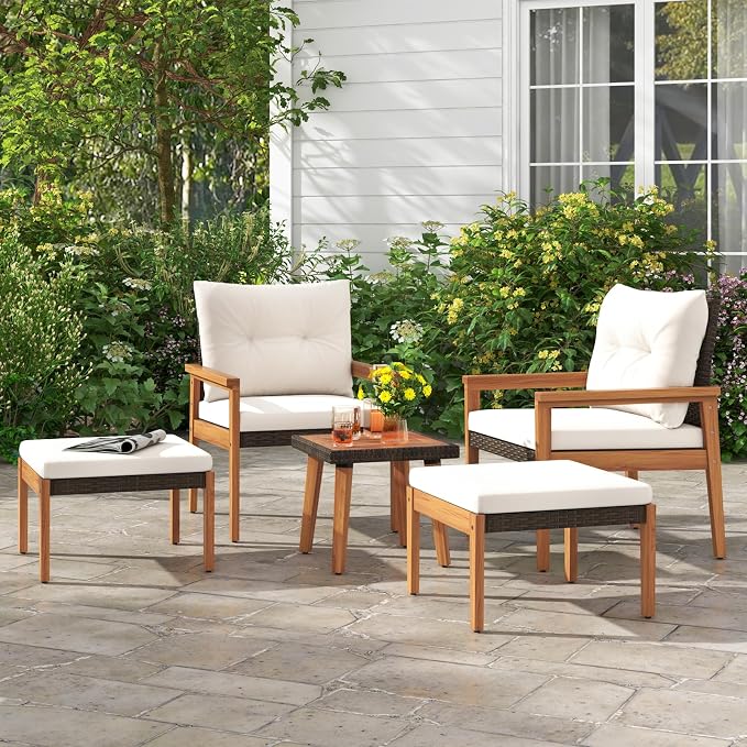 HAPPYGRILL 5 Pieces PE Rattan Patio Conversation Set, Wicker Chairs with Square Coffee Table, Ottomans & Soft Cushions, Outdoor Furniture Set with Solid Acacia Wood Frame for Porch, Balcony & Poolside
