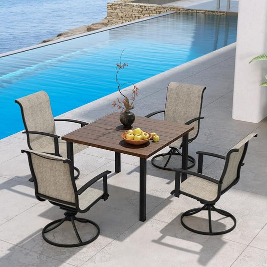 Grand patio 5-Piece Outdoor Dining Set for 4, Patio Dining Set with Swivel Patio Chairs & 1 Square Woodgrain Dining Table with Umbrella Hole, Coffee