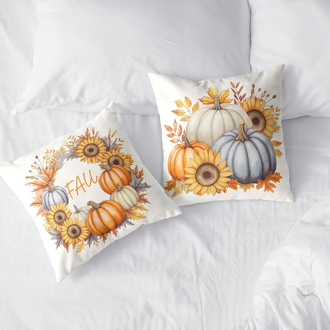 Fall Pillow Covers 16x16 Set of 2 Colorful Pumpkin Sunflower Wreath Throw Pillow Covers Autumn Harvest Pillow Case Thanksgiving Cushion Case for Home Decor Couch Sofa