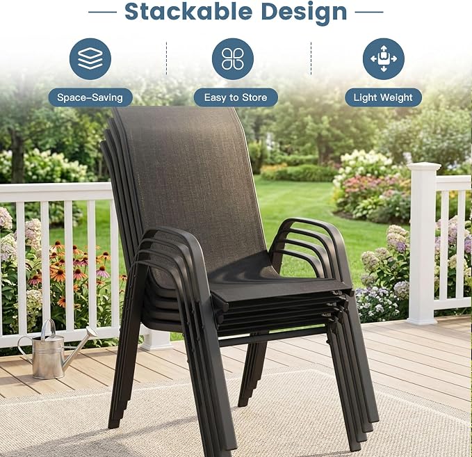 DIFY 11 Piece Outdoor Dining Set, 63" Black Round Metal Dining Table and Dark Grey Textilene Stackable Patio Chairs, Patio Table and Chairs Set for 10 with Umbrella Hole for Backyard Garden Deck