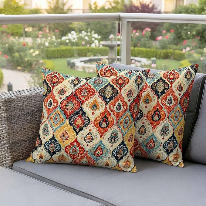 Bohemian Floral Outdoor Pillow Covers 18"x18" Set of 2, Moroccan Exotic Colored Floral Waterproof Throw Pillow Covers for Patio Furniture, Decorative Cushion Covers for Porch