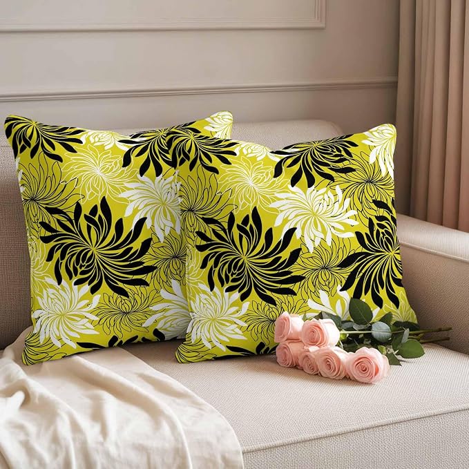 Yukro Yellow Black Floral Outdoor Waterproof Pillow Covers Pack of 2, Vintage Yellow White Black Flower Decorative Throw Pillowcases Cushion Covers for Garden Patio Tent Sofa Couch, 18x18 inch