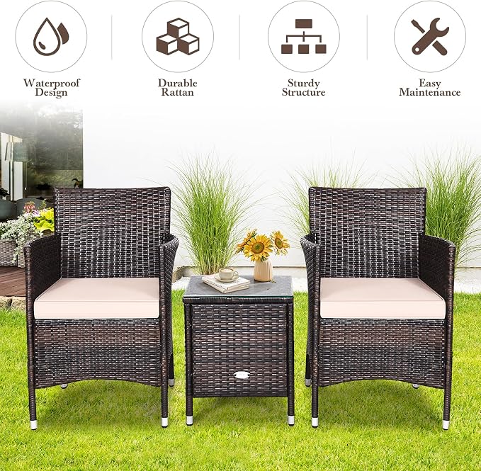 DORTALA Wicker Patio Furniture Set 3 Piece, Small Outdoor Table & Chairs Set with Cushions, All-Weather Rattan Conversation Bistro Set for Balcony, Porch, Backyard, Deck, Beige