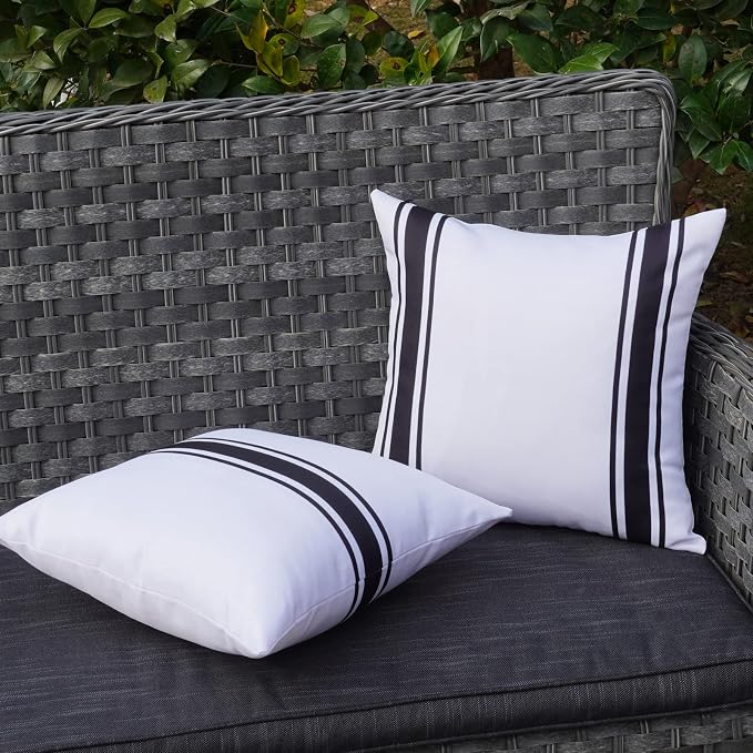 ONWAY Outdoor Pillow Covers 16x16 Waterproof Set of 2 Decorative Throw Cushion Cover White and Black Striped Outdoor Pillows for Patio Furniture