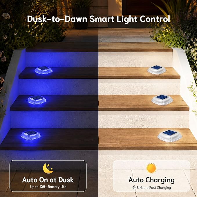 Solar Deck Lights Outdoor, Waterproof Solar Driveway Lights | 6 Pack 2 Colors in 1 Solar Ground Lights Stake & Screw Installation for Lawn Driveway Sidewalk Pathway (White/Blue)