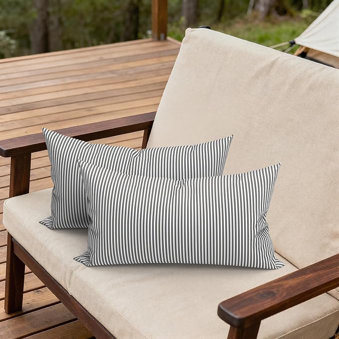 Outdoor Lumbar Pillows, Water Repellent Cushion Pillows 12x20 Inch, Outdoor Pillows with Inserts for Home Garden, Pack of 2, Stripe Gray