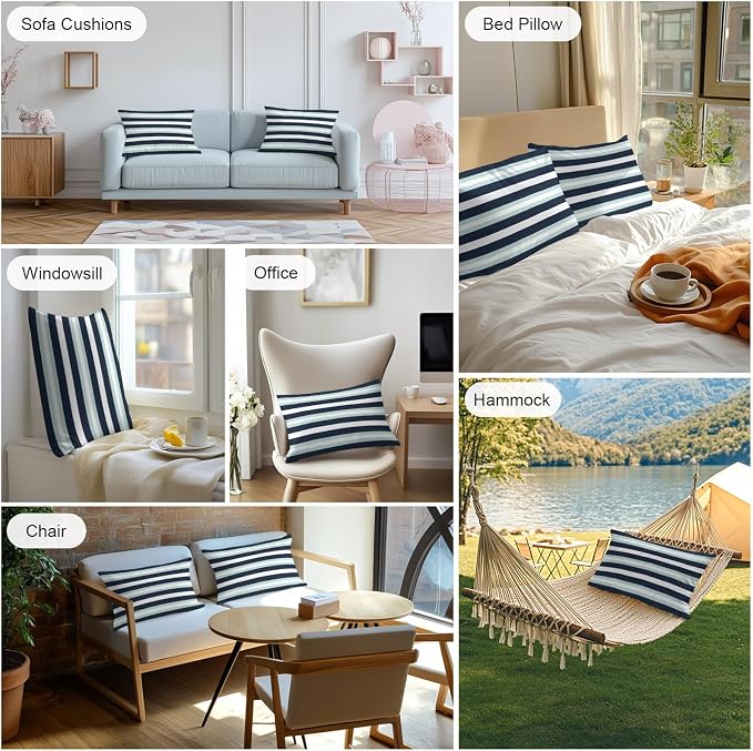 Aqua Navy Blue Striped Outdoor Pillow Covers Waterproof, All Weather Cushion Case Set of 2, Modern Abstract Lines Geometric Lumbar Pillowcase for Sofa Couch Bed Decor Patio Furniture 20"x12"