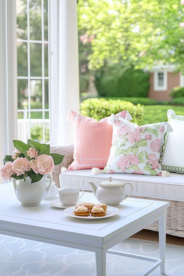 Hofdeco Premium Coastal Patio Indoor Outdoor Throw Pillow Cover Only, 18"x18" Water Repellent for Backyard, Couch, Blush Pink Green Print Sketch Hydrangea Flower