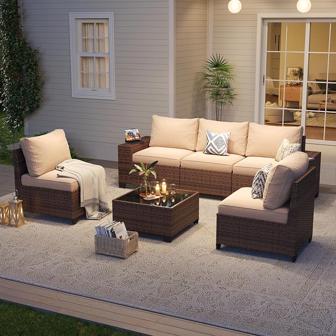 Aoxun Patio Fruniture Sets, Wicker Outdoor Patio Furniture Set with 4 in Thick Cushions and Widen Armrests, All-Weather Outdoor Sectional for Backyard, Garden and Poolside, Beige