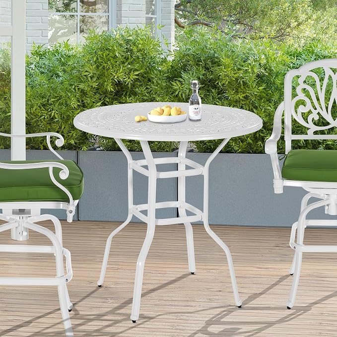 Outdoor Cast Aluminum Bar Table, 38.5" Patio Bar Height Table with 2" Umbrella Hole, All Weather High Top Bistro Round Dining Table for Outside Deck Porch Balcony Poolside, White