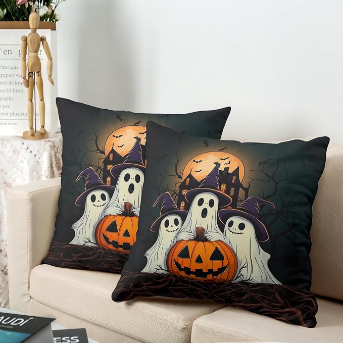 Set of 2 Halloween Pillow Covers 24x24 Ghost Throw Pillow Covers Full Moon Night Castle Bat Pillow Case Jack-O-Lantern Cushion Case for Holiday Party Decor Couch Sofa