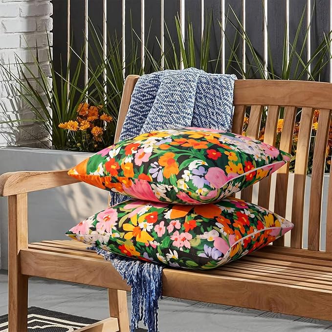 Merrycolor Waterproof Floral Pillow Covers 18x18 Inch Set of 2 Bright Pink and Orange Outdoor Decorative Cushion Cases for Patio Garden Beach Sofa Colorful Summer Accent Throw Pillows