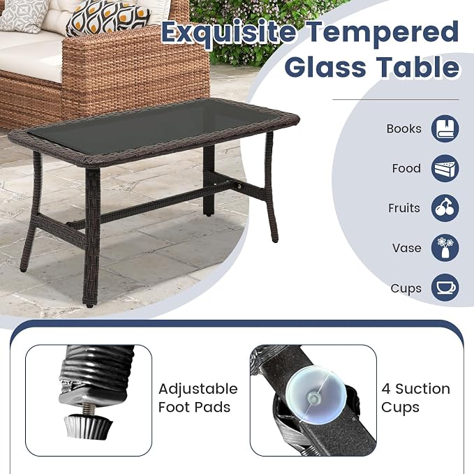HAPPYGRILL 4-Piece Rattan Patio Conversation Set with Tempered Glass Coffee Table, Comfortable Wicker Loveseat & Chairs for Poolside, Courtyard, Balcony
