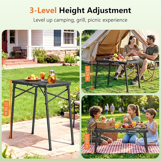 Folding Grill Table for Outside, 3 Height Adjustable Small Camping Table with Mesh Bag, Metal Aluminum Folding Table, 23.62 x 15.75 inches, Portable Grill Stand for Picnic, Camping, BBQ, Beach, Black