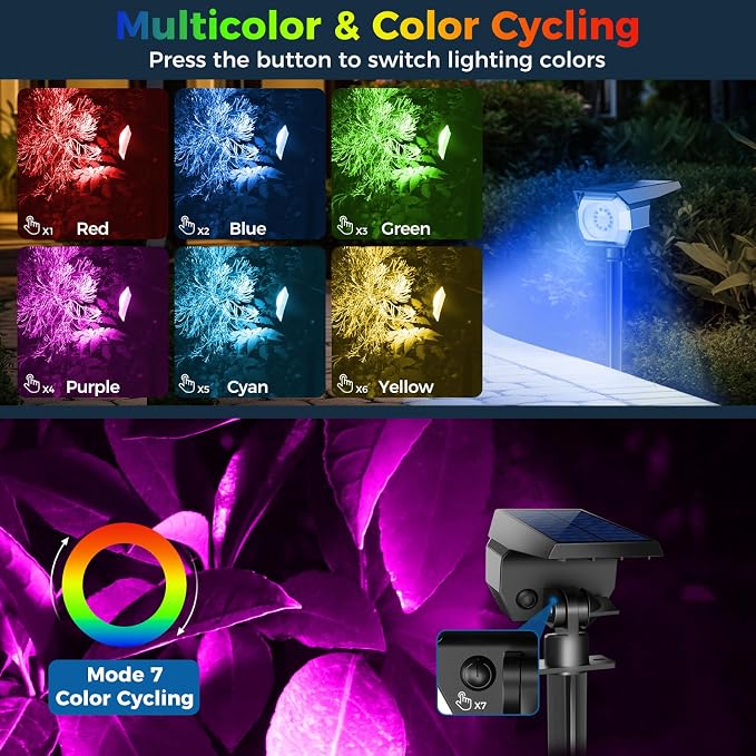 Solar Spot Lights Outdoor Color Changing, Halloween RGB Spotlights | 2 Pack/7 Modes, Waterproof, Solar Powered, Landscaping, Lighting for Outside Pathway Yard Wall Garden Walkway