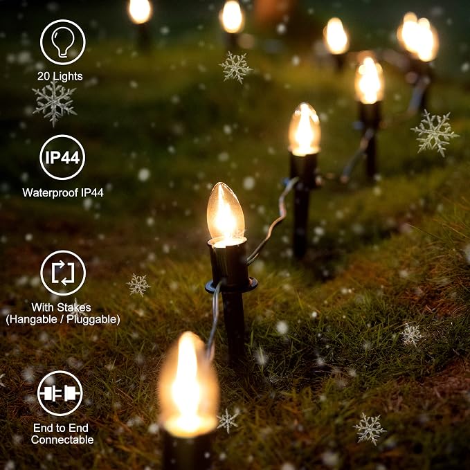 TIORIY Outdoor Warm Christmas Pathway Lights, 24.2ft 20 Lights with Stakes, Outside Walkway Marker, C9 Christmas Decor, Driveway Decorations, Waterproof, Hanging or Plugging