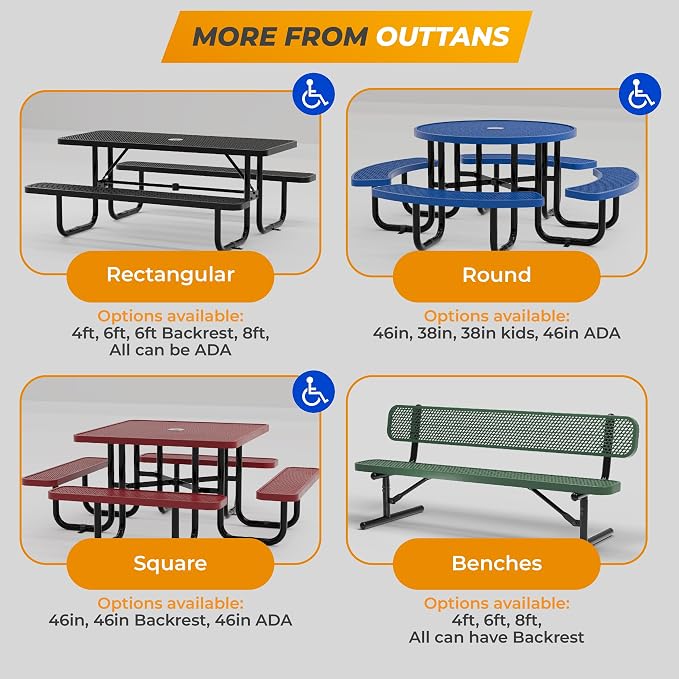 Round Metal Picnic Tables for Kids for Outdoors with Umbrella Hole, Adjustable Seats for School, Park, Playground (Brown, 38 in, Kids, Expanded Steel)