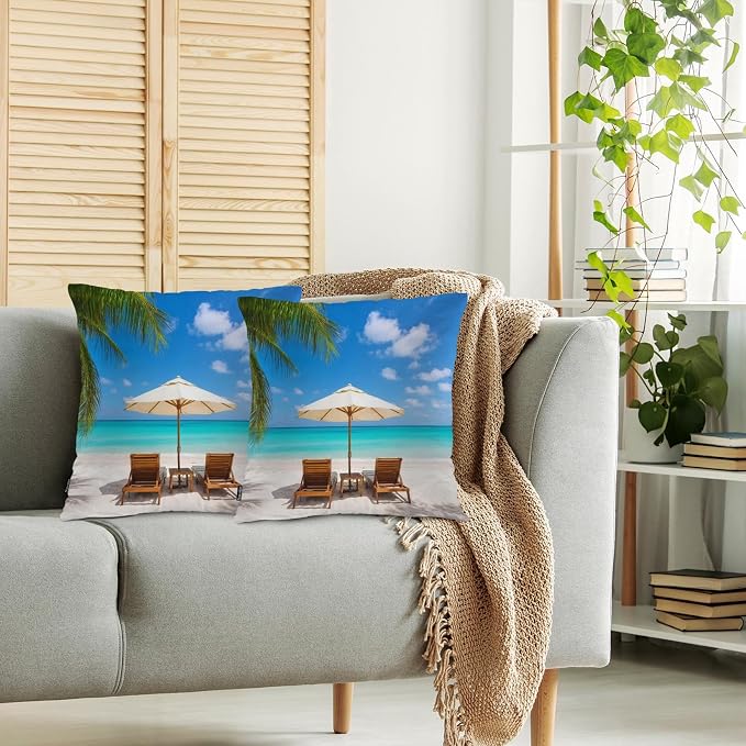 Swono Set of 2 Decorative Throw Pillow Covers Turquoise Sea, Tropical Ocean Beach Chair Palms Farmhouse Pillowcases Accent Pillow Cushion Cover for Couch Sofa Bed Office Armchair 18 X 18 Inch