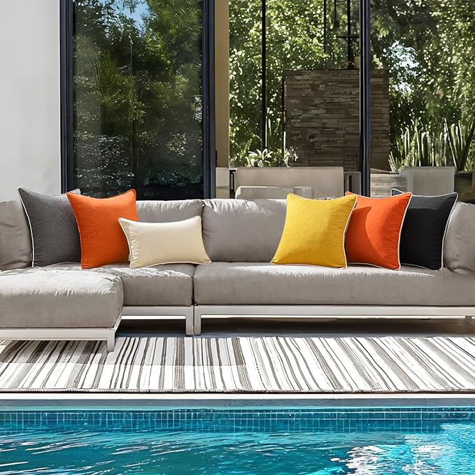 ANRODUO Set of 2 Outdoor Waterproof Pillow Covers 18x18 Inch Orange Decorative Throw Pillow Covers Linen Square Solid Color Couch Pillow Covers for Patio Tent Bed Sofa and Living Room Summer Decor