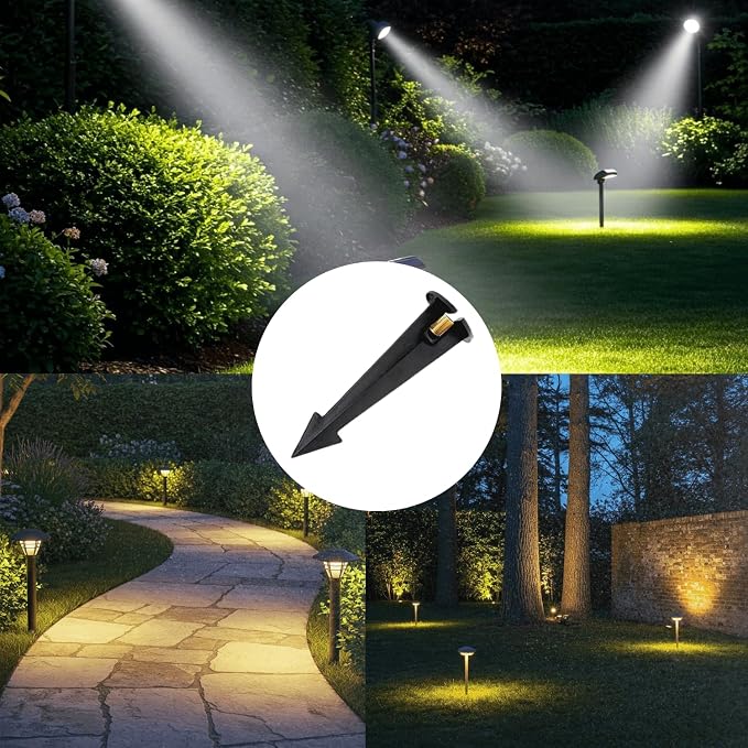 8" Outdoor Light Stake in Black Finish - Support Light Fixture Spikes, Universal Use, Resin Materials, Side Wireway (10 - Large Spike with Brass Wireway)