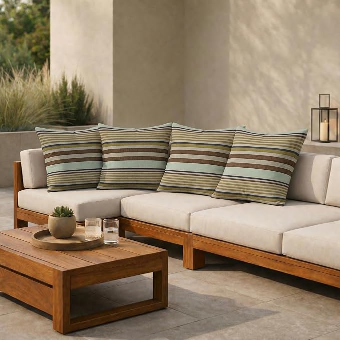 RSH DECOR: Square Throw Pillows Set of 4 | 17" x 17" | Water and Fade-Resistant Performance Fabric | Outdoor Pillow Covers with Down-Alternative Inserts | Made in USA (Extend Seaglass)