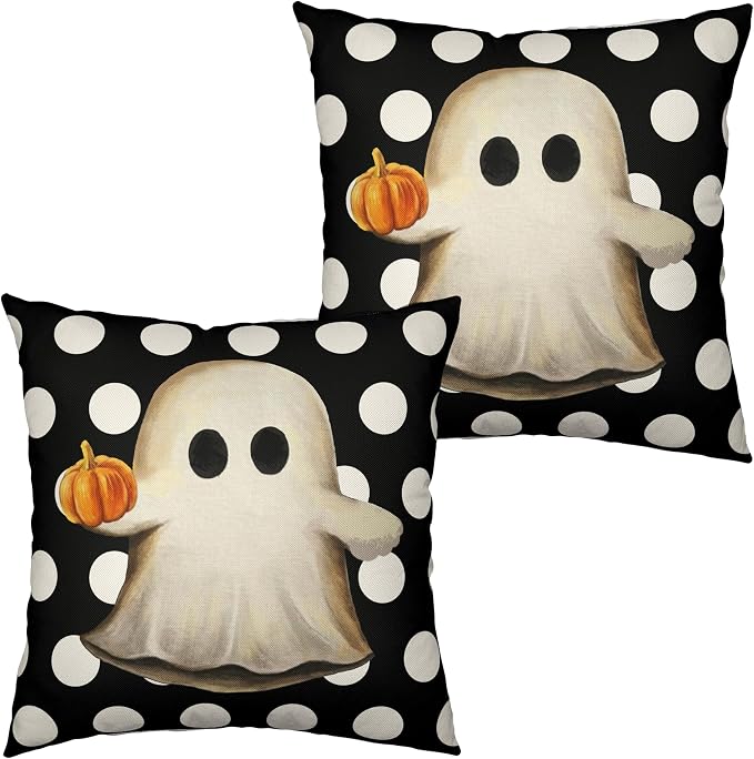Ghost Pillow Covers Halloween Decorative Pillow Covers 18x18 Set of 2 Gus Ghost and Pumpkin Pillow Case White Polka Dot Spooky Throw Pillow Covers for Home Sofa Outdoor Decoration