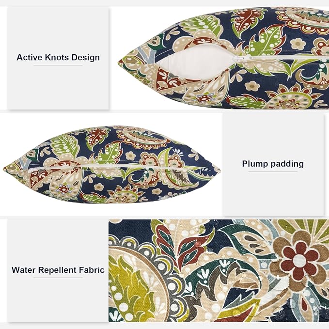 Outdoor 20x20 Inch Throw Pillows with Inners, Square Pillows Decorative Set of 2 for Home Garden Furniture, Paisley Sapphire Blue