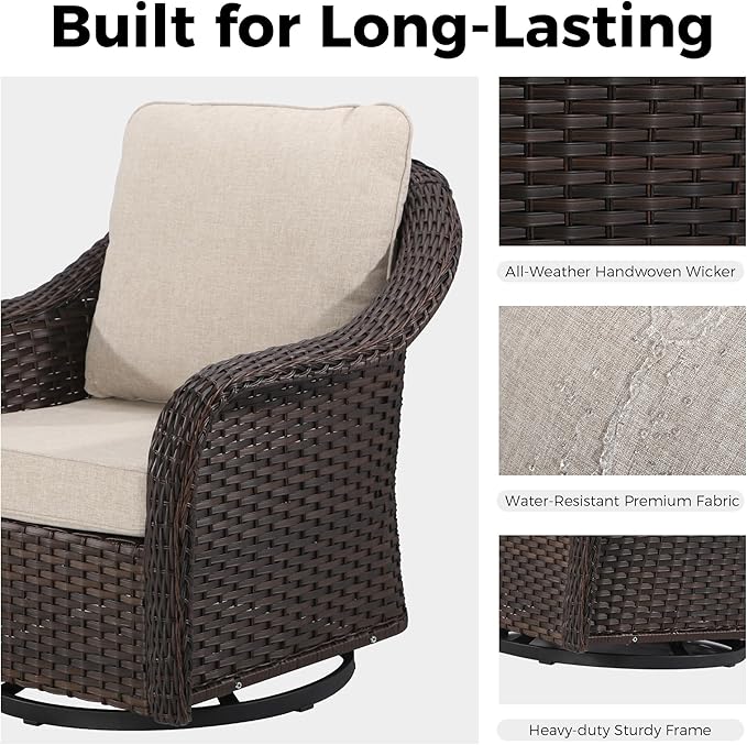 Outdoor Wicker Swivel Chair Set of 2, All-Weather Use Patio Rattan Chair with Seat and Back Cushion, Ideal for Porch, Backyard, Balcony, Poolside, Beige