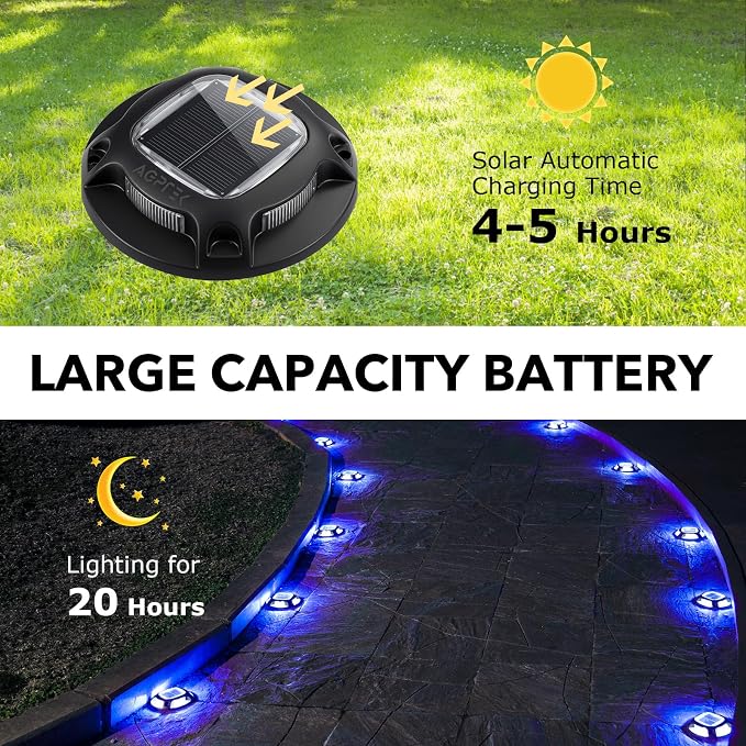 AGPTEK Solar Driveway Light Outdoor 1 Pack, 2 Color Modes LED Deck Dock | Marine Waterproof Driveway Marker Lights for Step Sidewalk Stair Garden Pathway Walkway Yard (Blue Light/Cool White, Black)