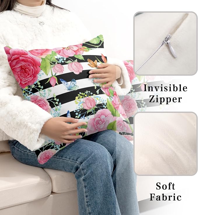 Spring Summer Pillow Covers 22x22 Set of 2 Rose Throw Pillow Covers Butterfly Flowers Pillow Case Black Stripes Cotton Blend Cushion Case for Home Decor Couch Sofa