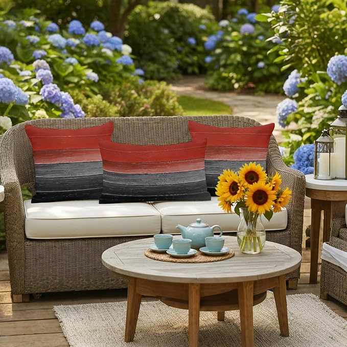 Red Gray Black Outdoor Pillow Covers 20x12 Inch Lumbar Pillow Covers Set of 2 Waterproof Decorative Throw Pillow Cases Vintage Country Gradient Wooden Grain Cushion Covers for Patio Furniture Garden