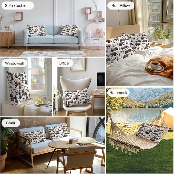 Brown Bear Elk Cabin Outdoor Pillow Covers 20x12 Inch Lumbar Pillow Covers Set of 2 Waterproof Decorative Throw Pillow Cases Farmhousee Pine Tree Forest Cushion Covers for Patio Furniture Garden Couch