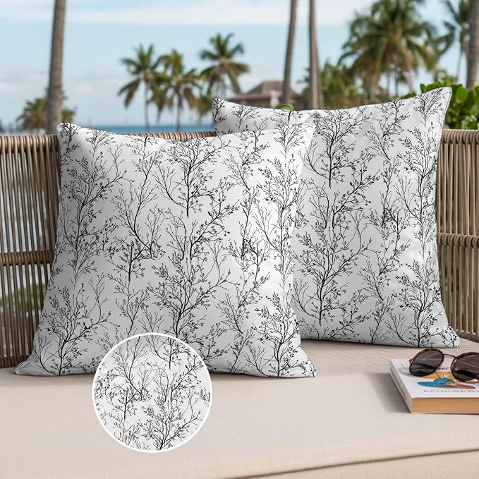 Black White Branches Waterproof Outdoor Pillow Covers Set of 2 Home Decor, Abstract Art Leaves Plant Pillowcase Patio Pillow Covers for Couch Bench Patio Furniture Garden 26x26in