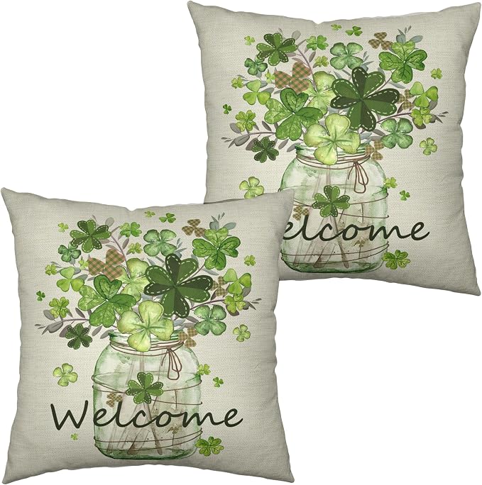 St Patricks Day Pillow Covers 22x22 Set of 2 Shamrock Pillow Case Clover Vase Decorative Pillow Covers Spring Cotton Linen Cushion Case for Living Room Outdoor Bedroom
