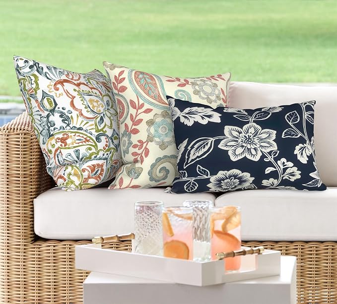 DYTXIII Pack of 2 Outdoor Waterproof Lumbar Pillow Covers ONLY, 12x20 Rectangle Decorative Double Printed Pillow Cases for Patio Couch Porch Furniture - Vines Navy