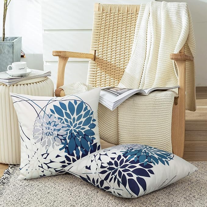 Pyonic Outdoor Throw Pillow Covers 18x18 Waterproof Pillow Covers Geometric Flower Pillow Case Farmhouse Summer Square Cushion Cover for Patio, Garden, Balcony,Set of 2 (18 x 18-Inch, Navy Blue)