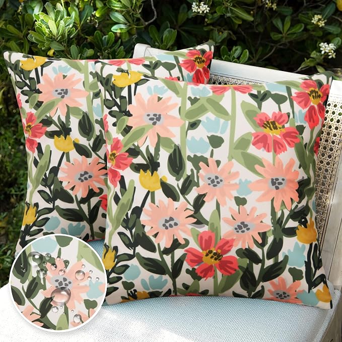 Pyonic Outdoor Pillows Covers Pack of 2 Spring Summer Floral Waterproof Throw Pillow Covers 18X18 inch Outdoor Pillows for Patio Furniture Garden Square Outside Waterproof Pillow