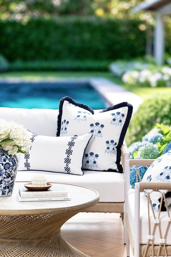 Hofdeco Premium Coastal Hampton Patio Indoor Outdoor Lumbar Pillow Cover Only, 12"x20" Water Repellent for Backyard, Couch, Poolside, Navy Blue Embroidered Chinoise Lucky Knots