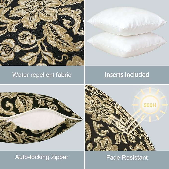 LVTXIII Outdoor Throw Pillows 20x20 Patio Waterproof Square Pillows with Piping Fade Resistant Accent Pillow for Spring Summer Garden Decoration, Set of 2, Jacobean Black