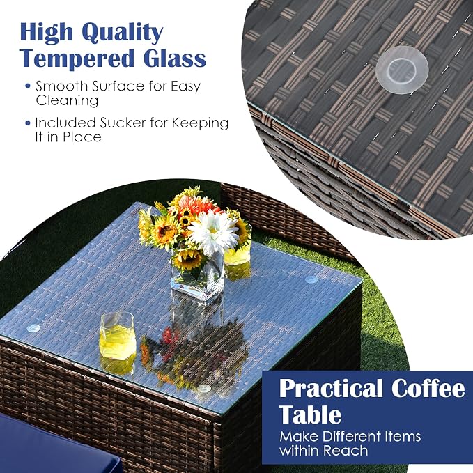 HAPPYGRILL 6 Pieces Outdoor Patio Furniture Set, PE Rattan Conversation Set with Tempered Glass Coffee Table and Cozy Cushions, Weather Resistant Sectional Sofa Set, Navy Blue