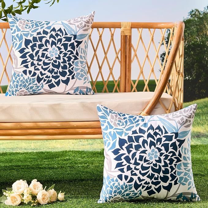 Allorry Outdoor Pillow Covers 18x18 Set of 2 Navy Blue Flower Pattern Decoration Throw Pillow Covers for Spring Summer Outdoor Waterproof Furniture Garden Patio Sofa Bedroom Home Decor JB011-C18