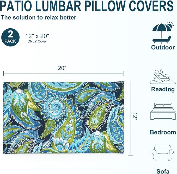 DYTXIII Pack of 2 Outdoor Waterproof Lumbar Pillow Covers ONLY, 12x20 Rectangle Decorative Double Printed Pillow Cases for Patio Couch Porch Furniture - Paisley Lapis Green