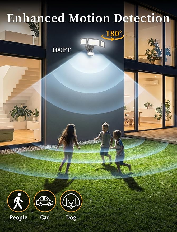 100W 11000LM Security Lights Outdoor with Remote Control, 6500K Daylight LED Flood Light, IP66 Waterproof, Dusk to Dawn, 3 Head Motion Detected for Garage, Yard