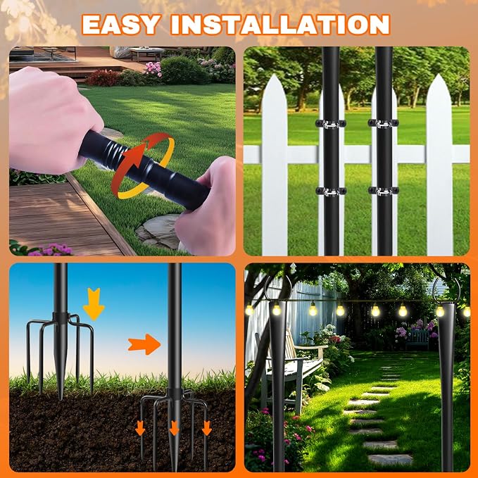 6 Pack 10Ft String Light Poles, Metal Poles with Fork for Outside Lights,Outdoor Metal Light Stand with Fence Brackets Hanging Lights for Garden Patio Wedding Backyard Deck Party