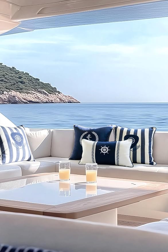 Hofdeco Premium Coastal Outdoor Performance Throw Pillow Cover Only, 18"x18" Water Repellent, UV and Fade Resistant for Backyard, Couch, Poolside, Navy Blue Embroidered Nautical Yacht Anchor