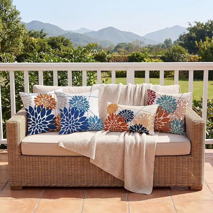 OTOSTAR Outdoor Blue Pillow Covers 18x18 Inch Set of 2 Beige White Flower Throw Pillows Farmhouse Geometric Dahlia Floral Square Cushion Case Waterproof Decor for Sofa Patio Funiture Garden
