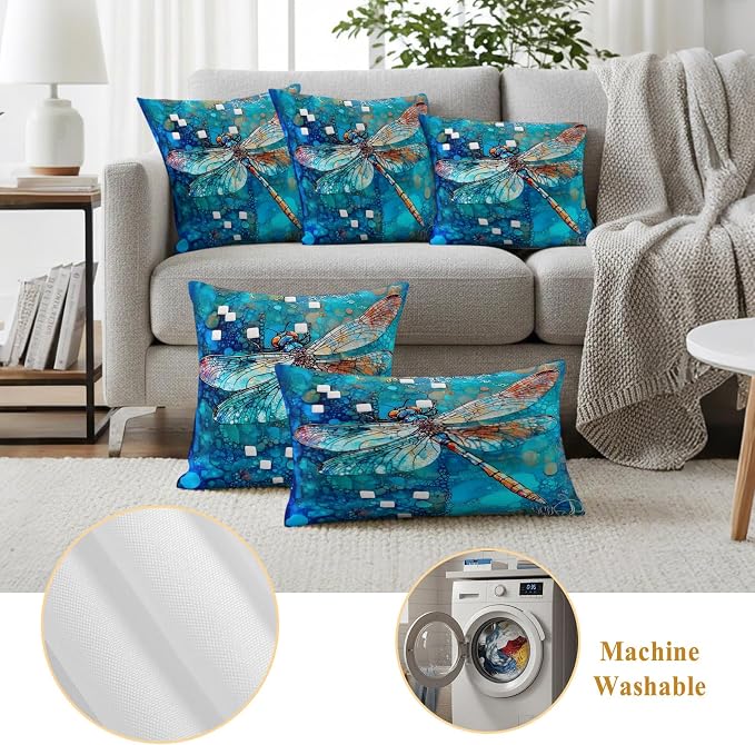 Blue Dragonfly Outdoor Pillow Covers Set of 2 Country Vintage Watercolor Dragonfly Wings Waterproof Throw Pillow Cover Decorative Cushion Cases for Patio Porch Garden 20X12 Inch