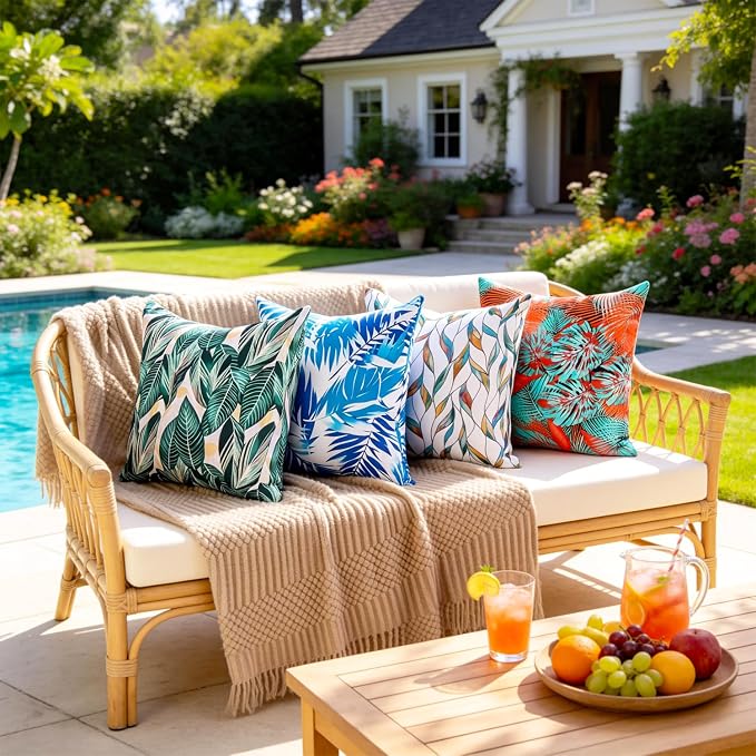 Summer Outdoor Pillow Covers Waterproof Decorative Throw Pillow Covers Green Tropical Leaves Couch Covers 16x16 Set of 2 Square Outdoor Cushion Cases for Patio Furniture Garden Tent Balcony Bench